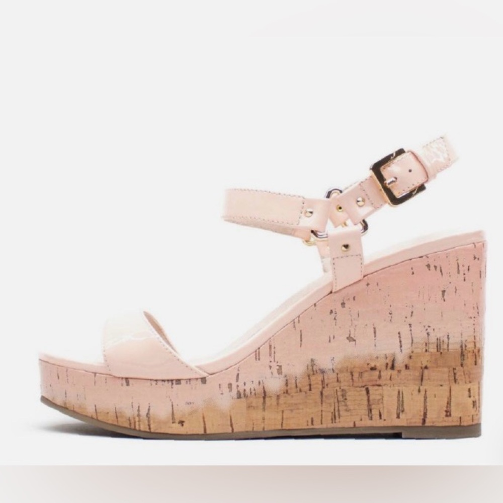 Nude Patent Leather Cork Wedge Sandals - Women
